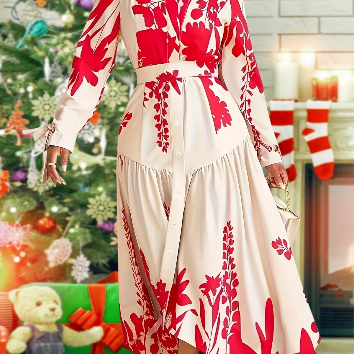 Women's Floral Print Pencil Dress – 100% Polyester Non-Stretch Woven Fabric, Lapel Collar & Belt Detail, Elegant All-Season Long Dress