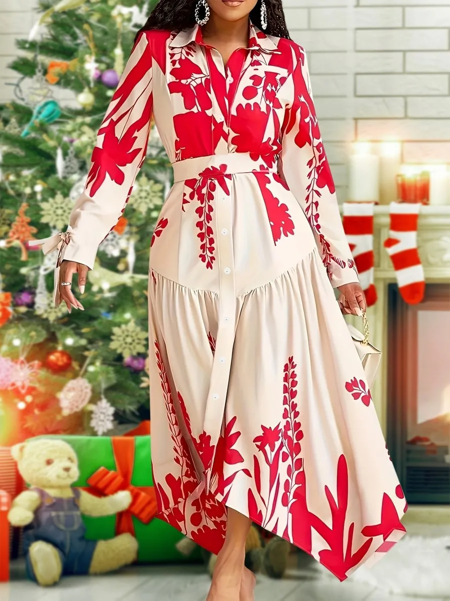 Women's Floral Print Pencil Dress – 100% Polyester Non-Stretch Woven Fabric, Lapel Collar & Belt Detail, Elegant All-Season Long Dress