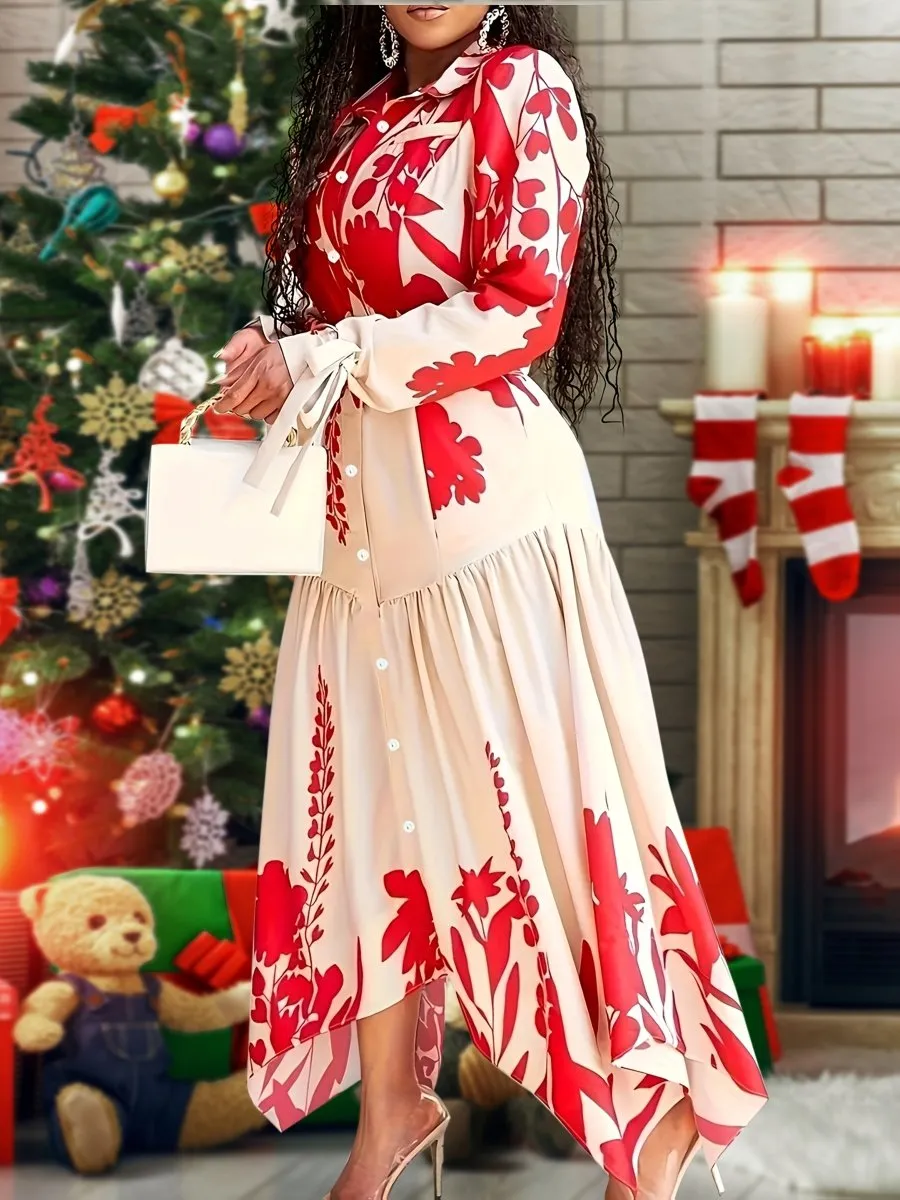 Women's Floral Print Pencil Dress – 100% Polyester Non-Stretch Woven Fabric, Lapel Collar & Belt Detail, Elegant All-Season Long Dress