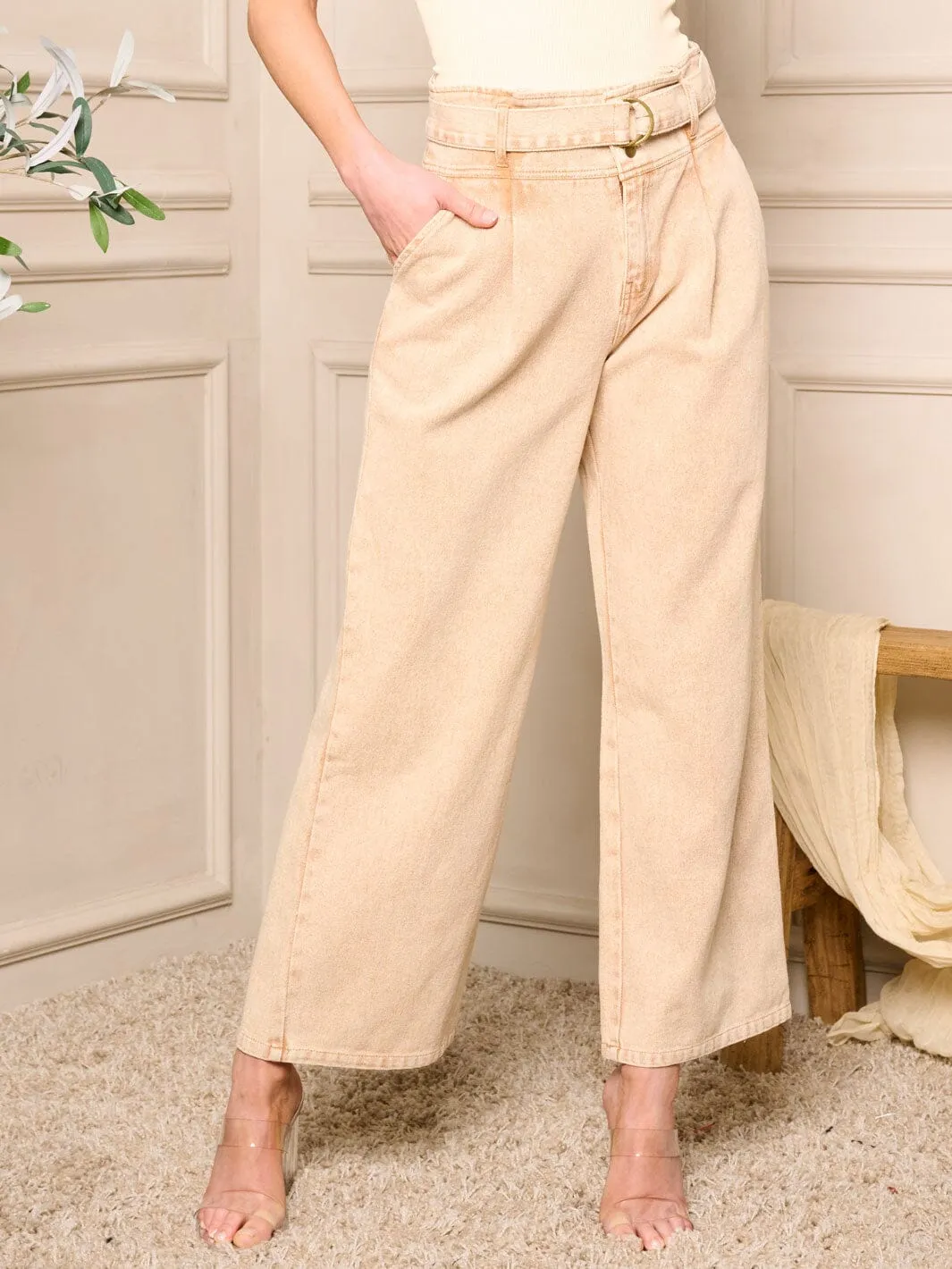 WOMEN'S HIGH WAIST POCKETS WIDE LEG DENIM PANTS
