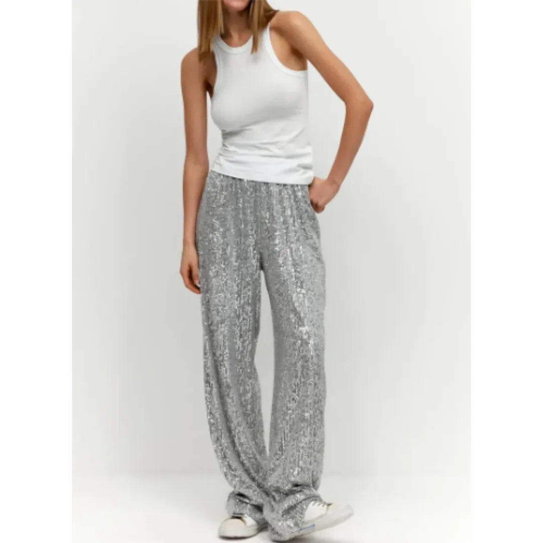 Women's High Waisted Sequin Pants | Wide Leg