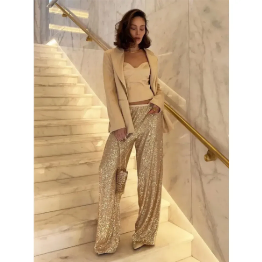Women's High Waisted Sequin Pants | Wide Leg