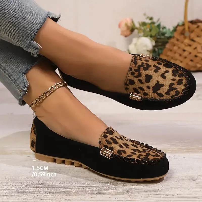 Women's Leopard Print Loafers - Slip-On Chain Detail