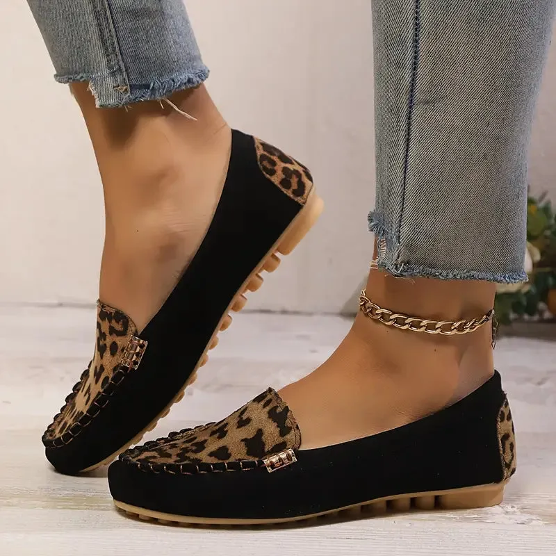 Women's Leopard Print Loafers - Slip-On Chain Detail