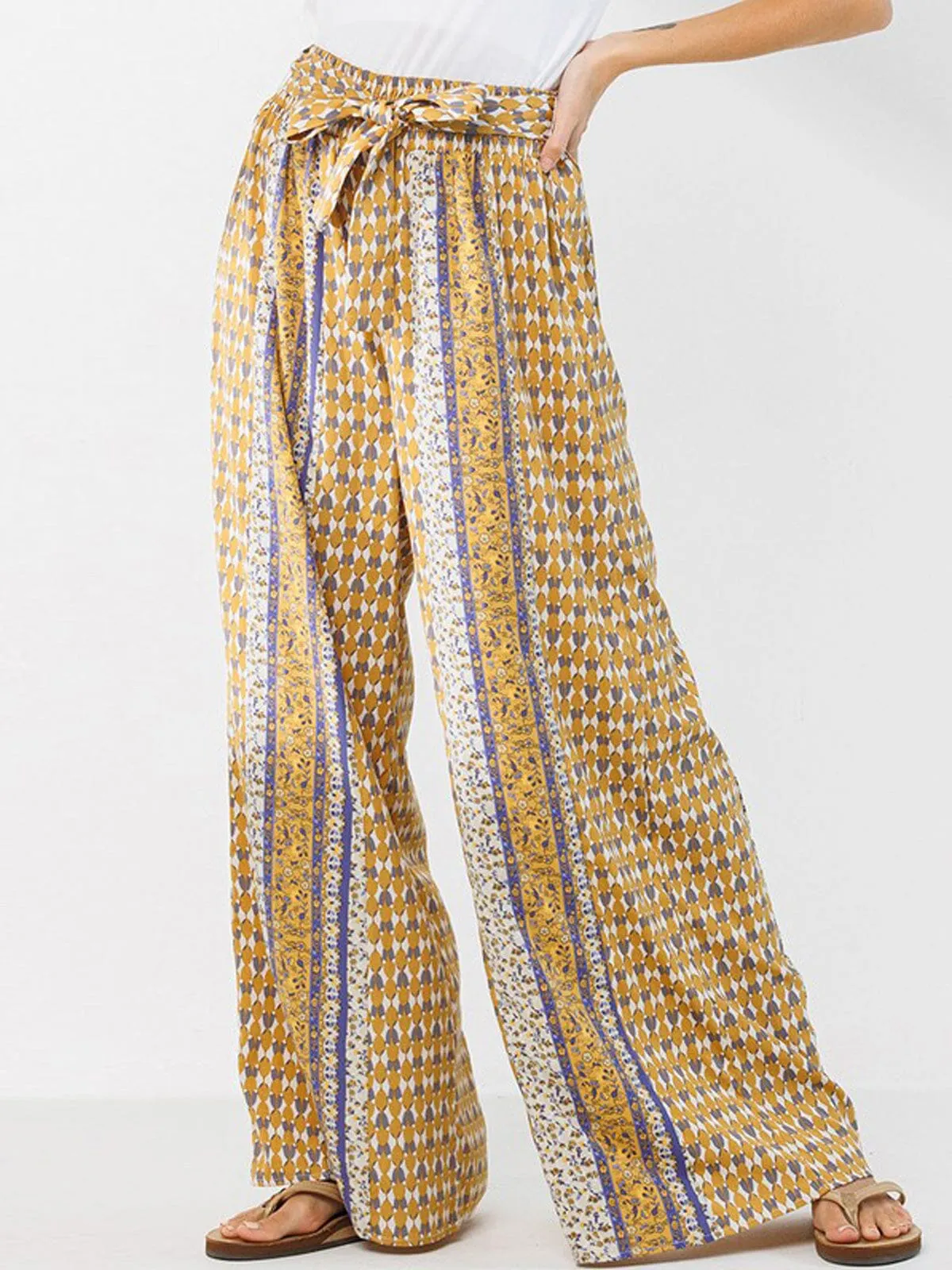 WOMEN'S MULTI PRINT SELF TIE PALAZZO PANTS