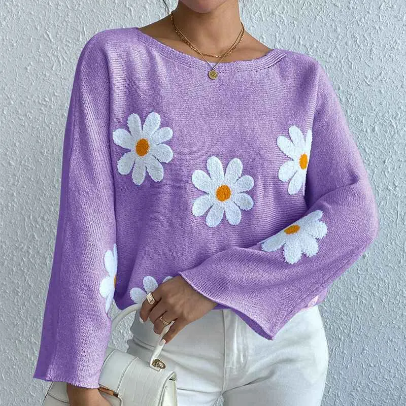 Women's round neck loose bat sleeves sweater embroidered flower pullover k632