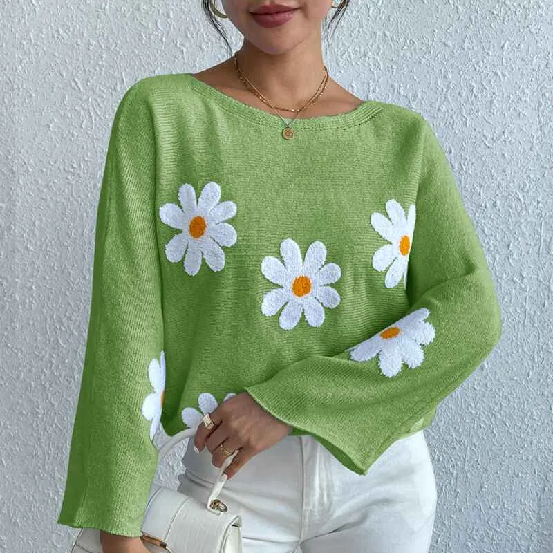 Women's round neck loose bat sleeves sweater embroidered flower pullover k632