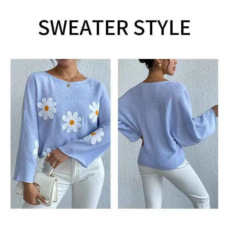 Women's round neck loose bat sleeves sweater embroidered flower pullover k632