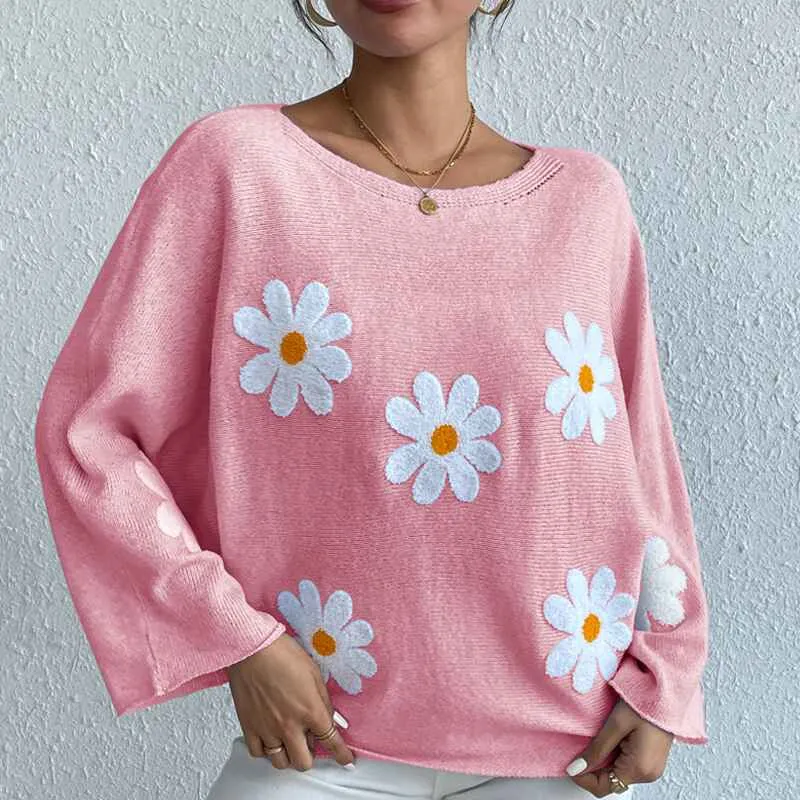 Women's round neck loose bat sleeves sweater embroidered flower pullover k632
