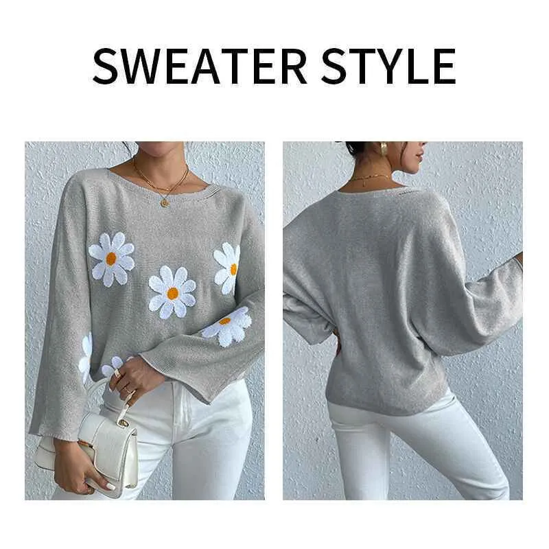 Women's round neck loose bat sleeves sweater embroidered flower pullover k632
