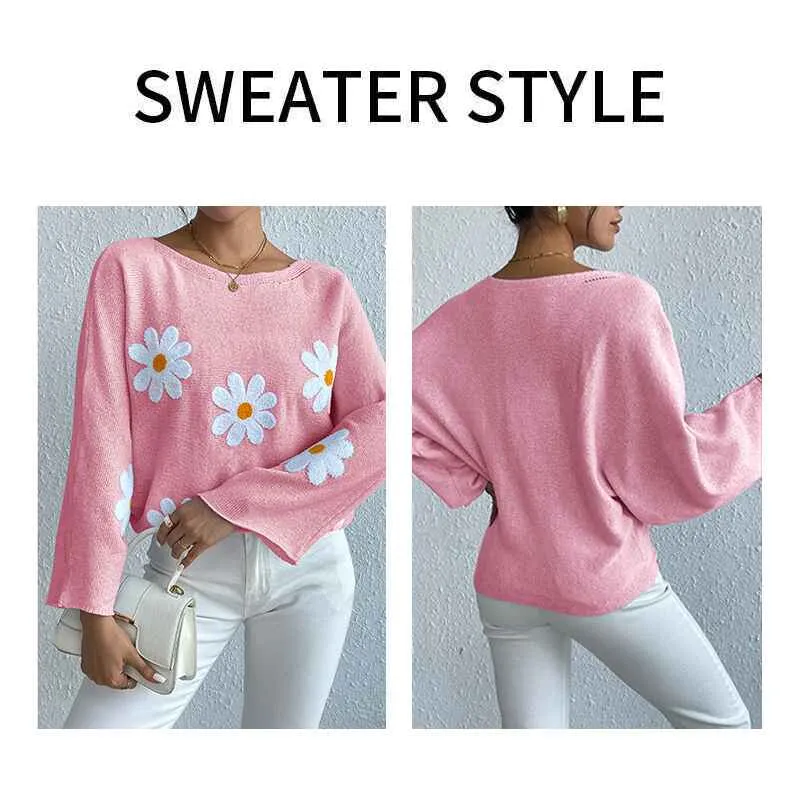 Women's round neck loose bat sleeves sweater embroidered flower pullover k632