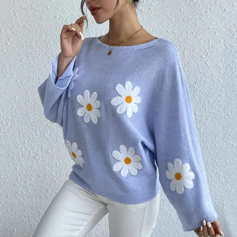 Women's round neck loose bat sleeves sweater embroidered flower pullover k632