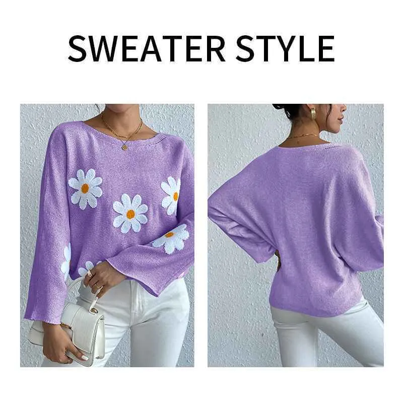 Women's round neck loose bat sleeves sweater embroidered flower pullover k632
