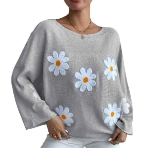 Women's round neck loose bat sleeves sweater embroidered flower pullover k632