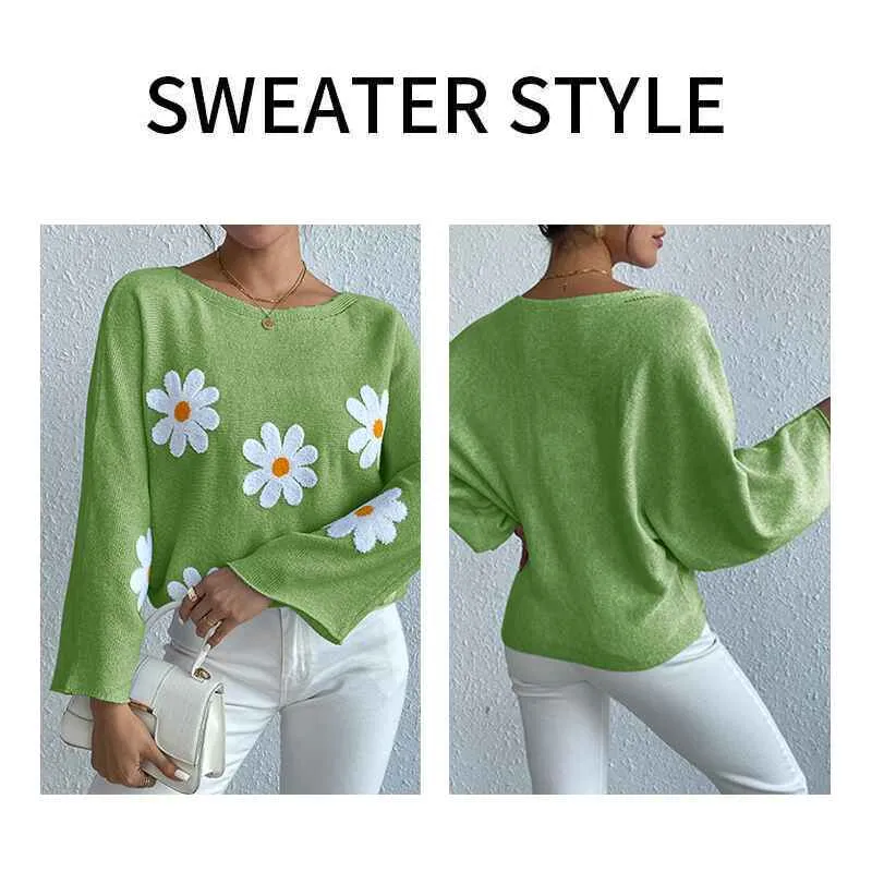 Women's round neck loose bat sleeves sweater embroidered flower pullover k632