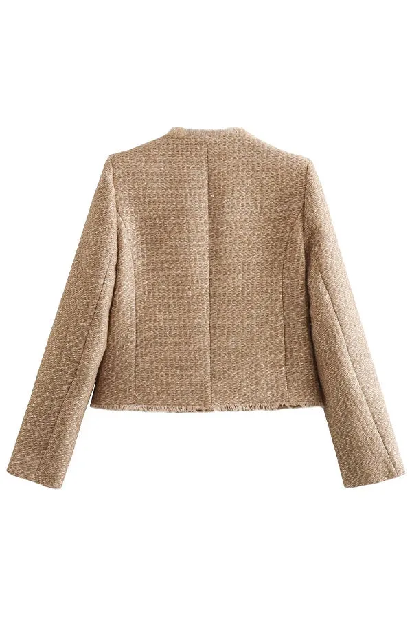 Women’s Tweed Jacket – Round Neck – Gold Button Detail – Boxy Fit – Elegant Layering Piece