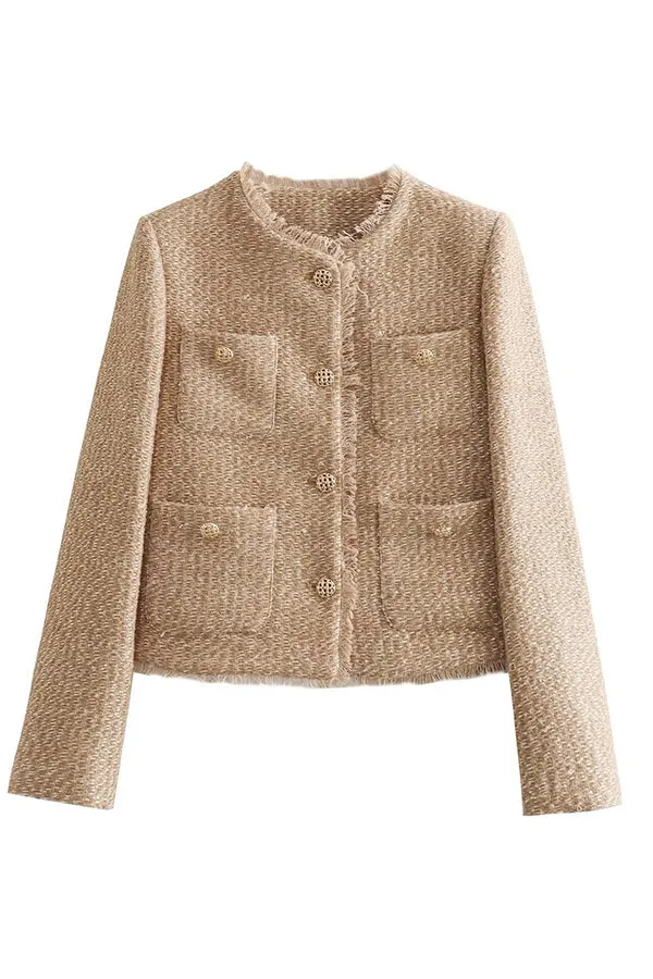 Women’s Tweed Jacket – Round Neck – Gold Button Detail – Boxy Fit – Elegant Layering Piece