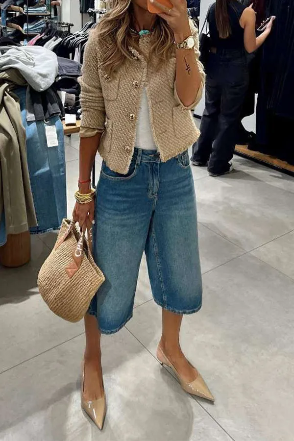 Women’s Tweed Jacket – Round Neck – Gold Button Detail – Boxy Fit – Elegant Layering Piece