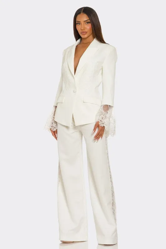 Women's White Lacy Sleeves Majesty Pants Set