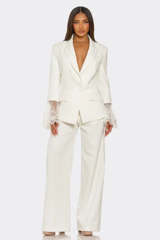 Women's White Lacy Sleeves Majesty Pants Set