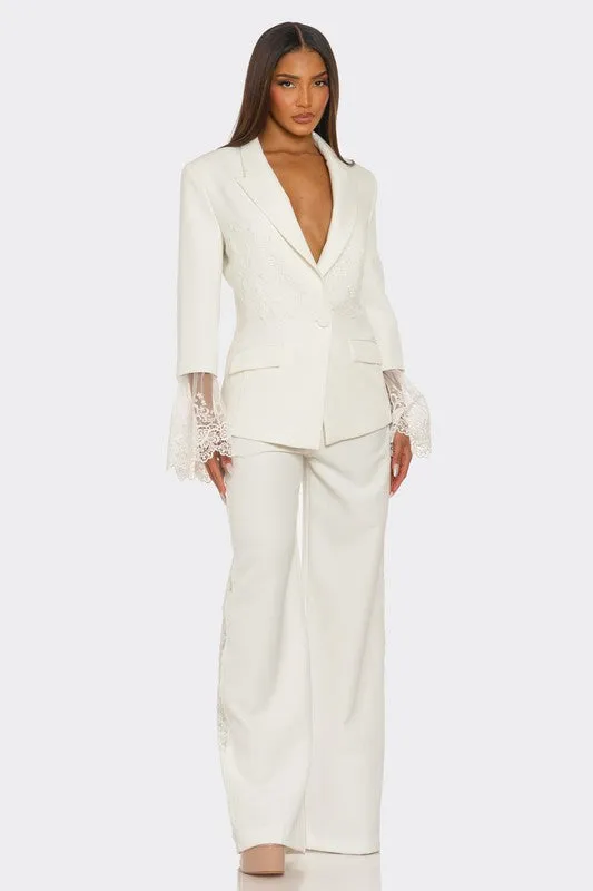 Women's White Lacy Sleeves Majesty Pants Set