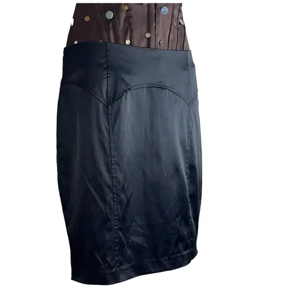 Y2K 2B Bebe Satin Ruffle Bustle Pencil Mini Skirt Black Small Vintage 2000s