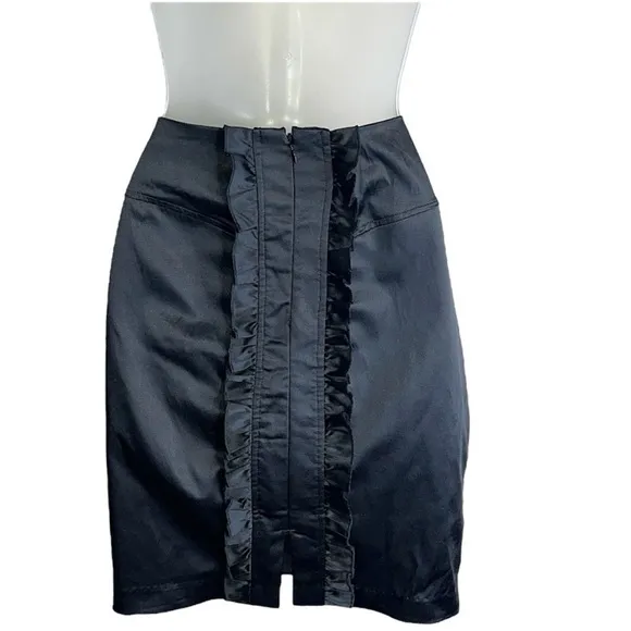 Y2K 2B Bebe Satin Ruffle Bustle Pencil Mini Skirt Black Small Vintage 2000s