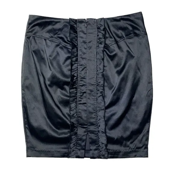 Y2K 2B Bebe Satin Ruffle Bustle Pencil Mini Skirt Black Small Vintage 2000s