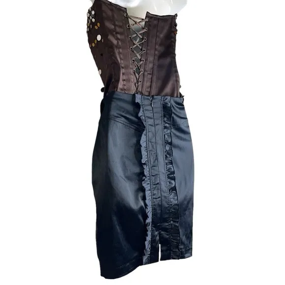 Y2K 2B Bebe Satin Ruffle Bustle Pencil Mini Skirt Black Small Vintage 2000s