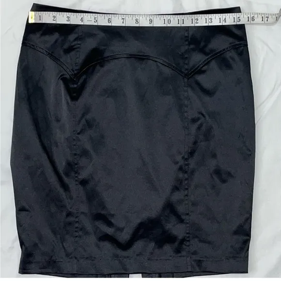 Y2K 2B Bebe Satin Ruffle Bustle Pencil Mini Skirt Black Small Vintage 2000s