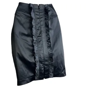 Y2K 2B Bebe Satin Ruffle Bustle Pencil Mini Skirt Black Small Vintage 2000s