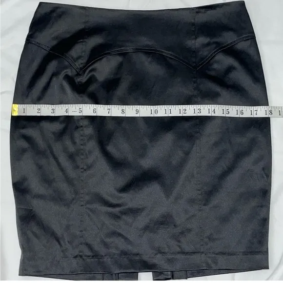 Y2K 2B Bebe Satin Ruffle Bustle Pencil Mini Skirt Black Small Vintage 2000s