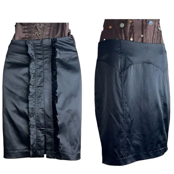 Y2K 2B Bebe Satin Ruffle Bustle Pencil Mini Skirt Black Small Vintage 2000s