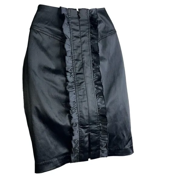 Y2K 2B Bebe Satin Ruffle Bustle Pencil Mini Skirt Black Small Vintage 2000s