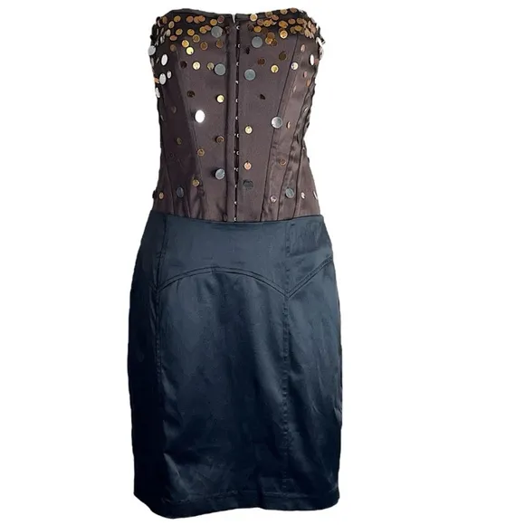 Y2K 2B Bebe Satin Ruffle Bustle Pencil Mini Skirt Black Small Vintage 2000s