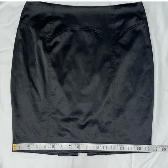 Y2K 2B Bebe Satin Ruffle Bustle Pencil Mini Skirt Black Small Vintage 2000s