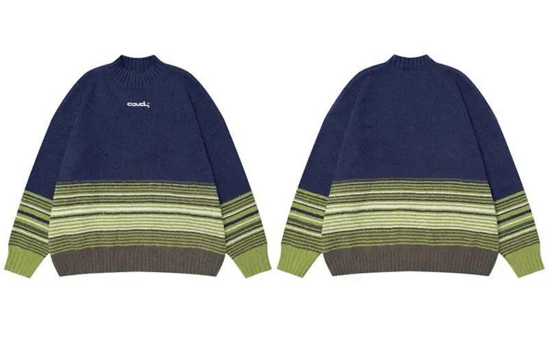 Y2K Knitted Stripe Patchwork Turtleneck Sweater