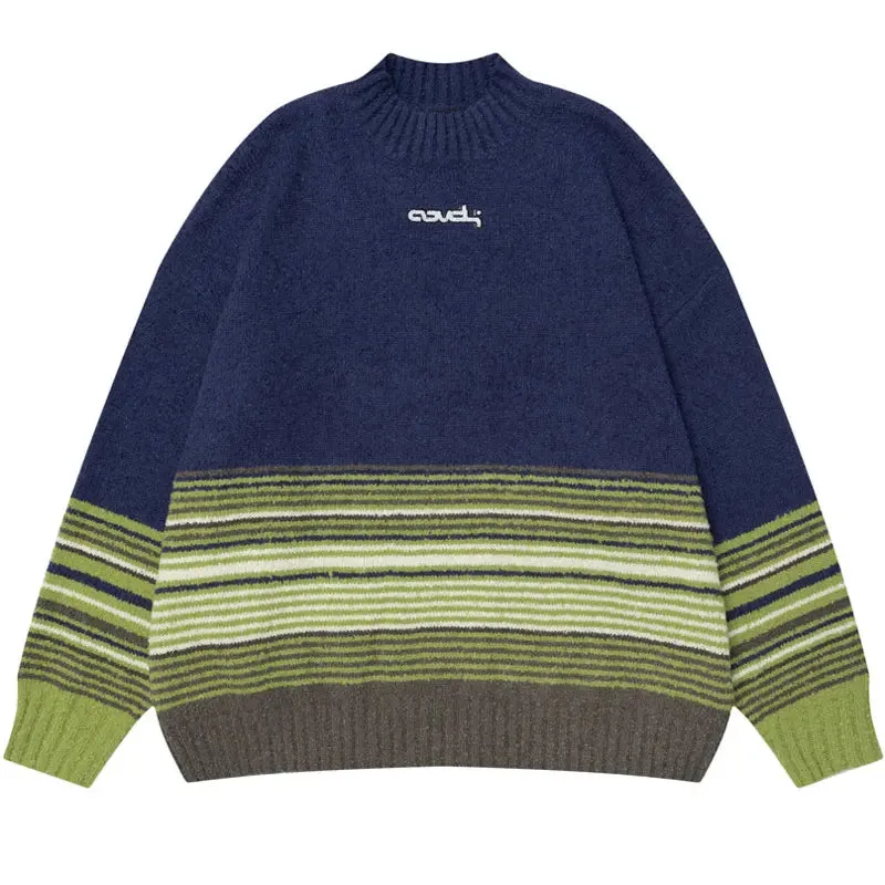 Y2K Knitted Stripe Patchwork Turtleneck Sweater