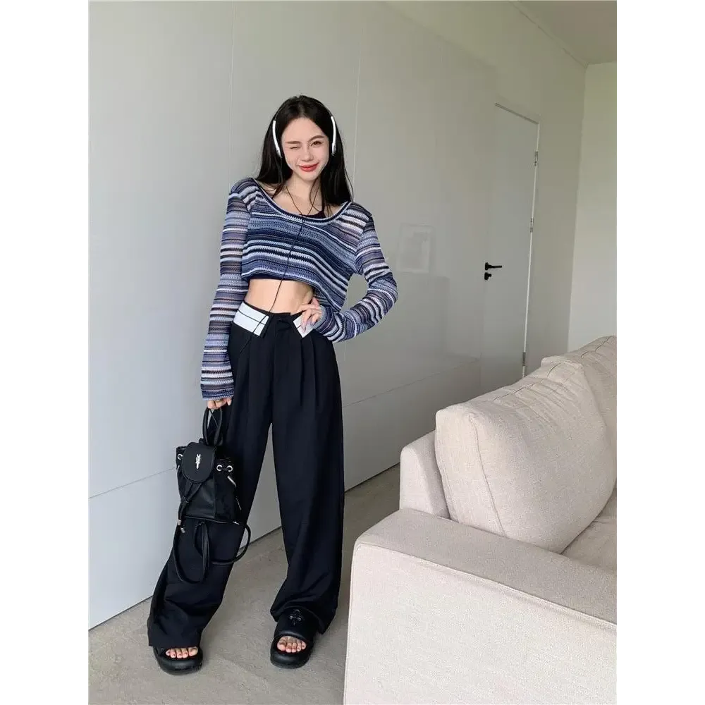 Y2K Striped Wide-Neck Crop Sweater in Comfortable Cotton-Polyester Blend
