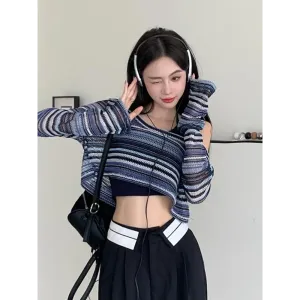 Y2K Striped Wide-Neck Crop Sweater in Comfortable Cotton-Polyester Blend