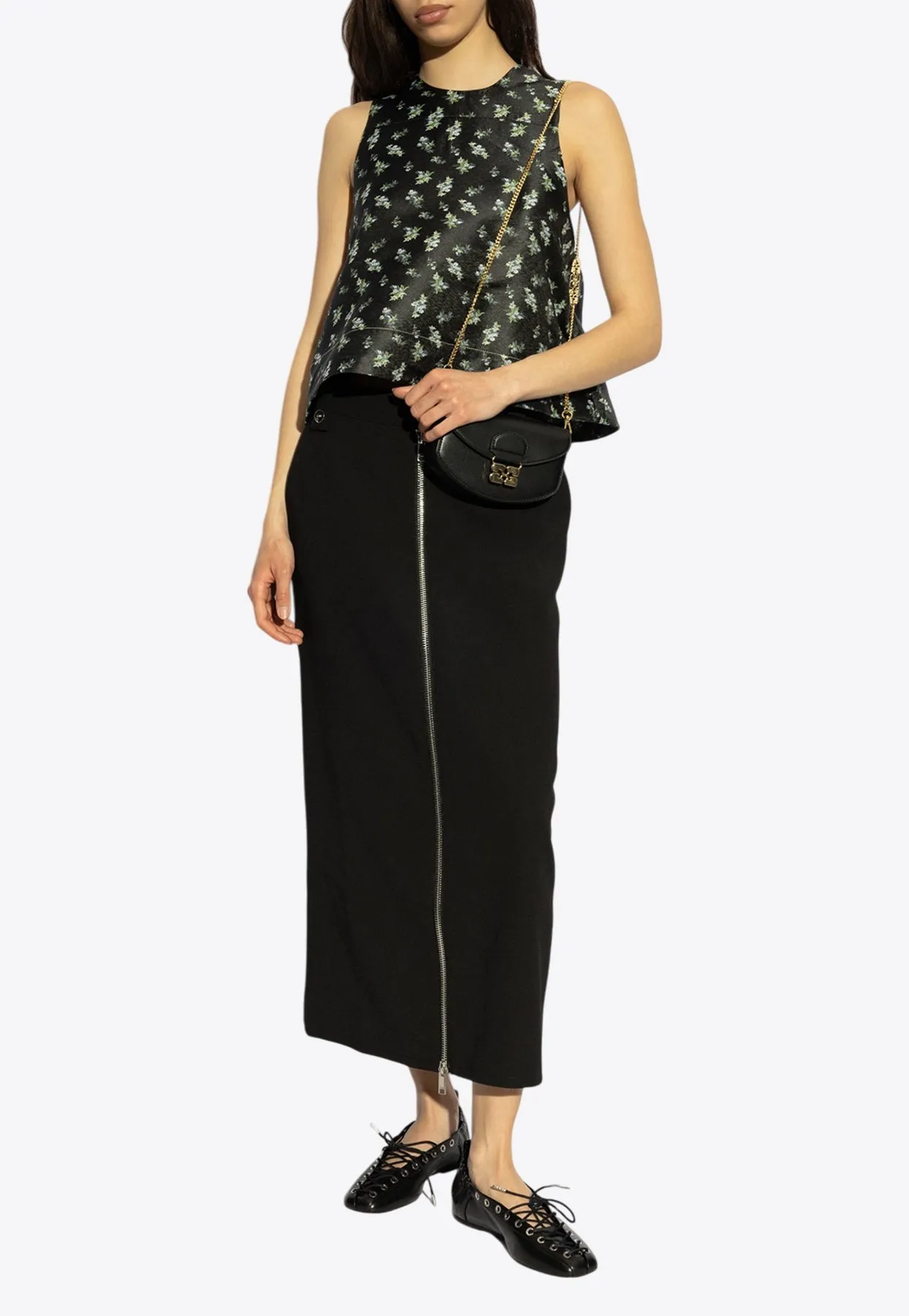Zip-Up Crepe Midi Skirt