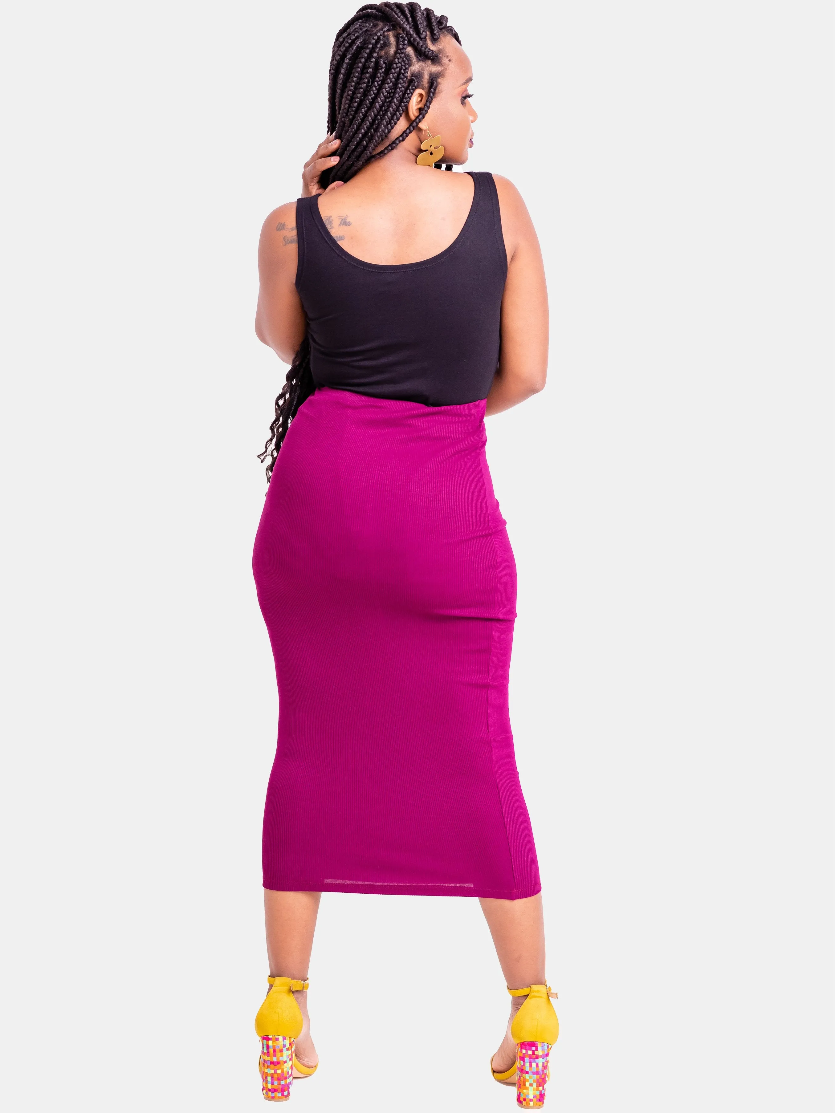 Zoya Basic Ribbed Midi Pencil Skirt - Burgundy